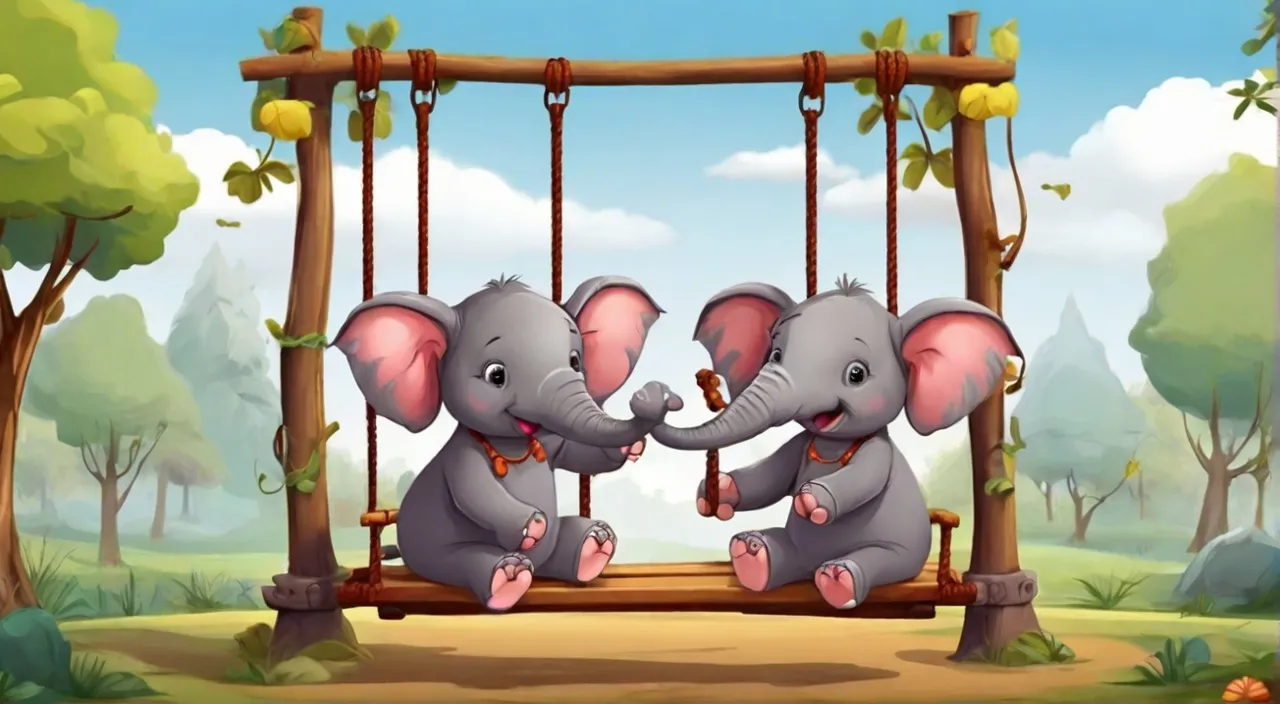 a couple of elephants standing on top of a swing. Cartoon 