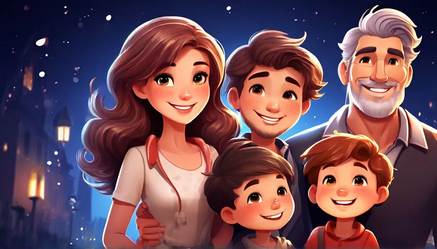 a family standing together in front of a night sky