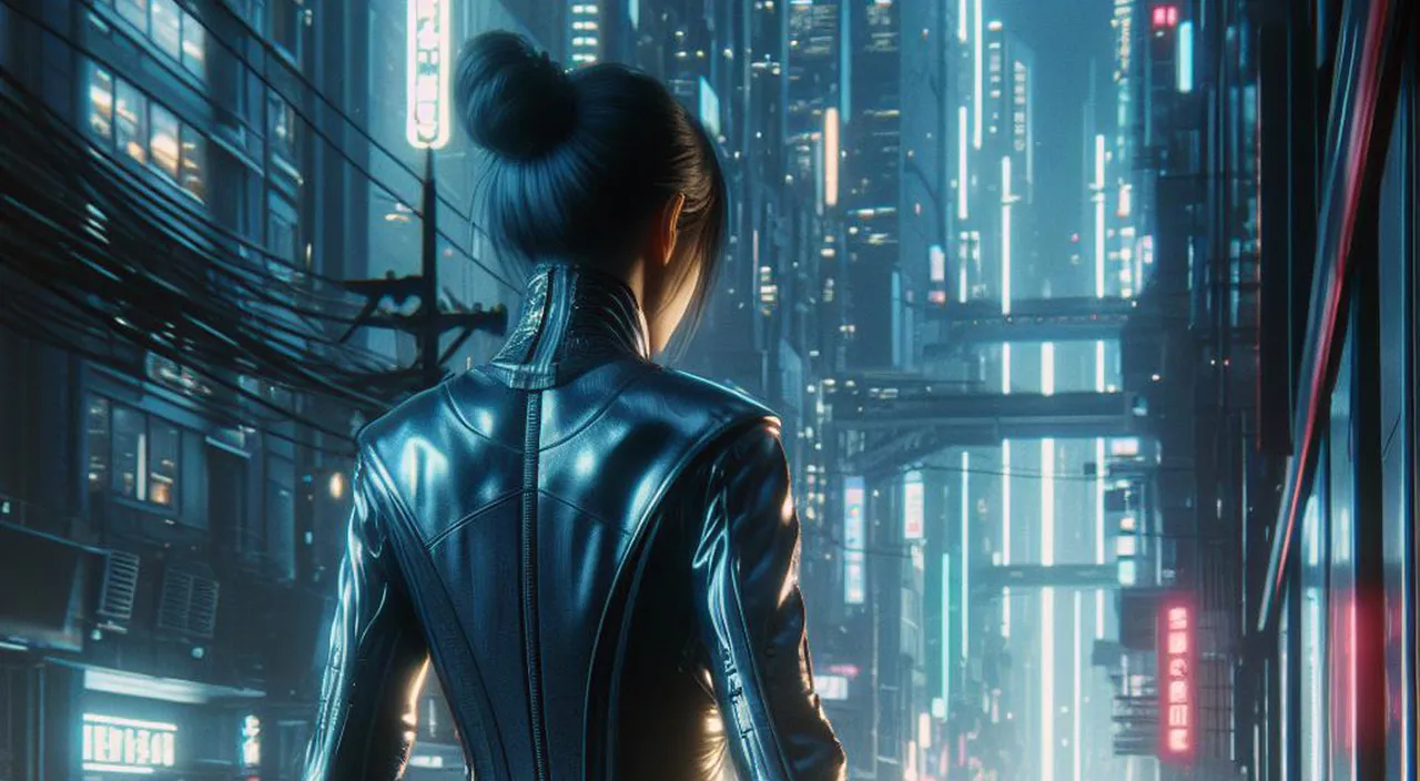 a woman in a futuristic city with neon lights