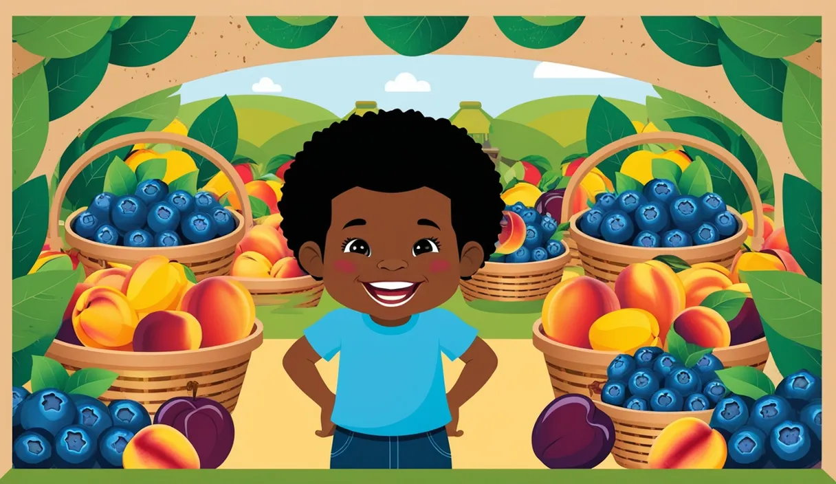 a young boy standing in front of baskets of fruit