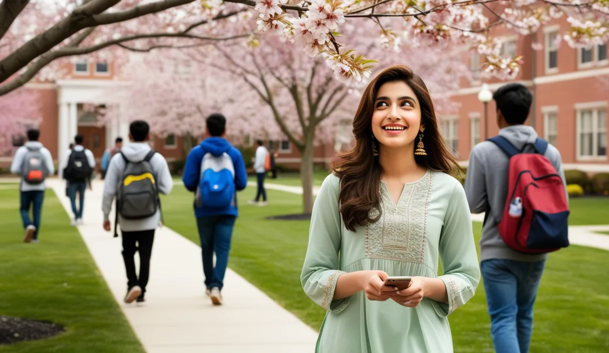 Campus Serenade: On a university campus, a Pakistani girl walking under a blossoming tree, a Bollywood song softly playing from her phone. The 4K wide shot captures students walking by and studying, but her smile and dreamy gaze reveal she is thinking about her boyfriend, who is attending a university in the United States, lost in her own romantic world.