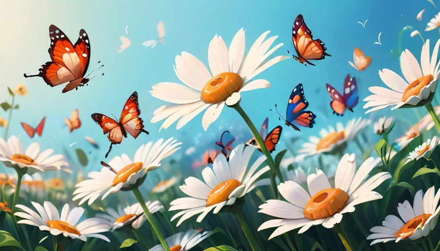 a bunch of butterflies flying over a field of daisies