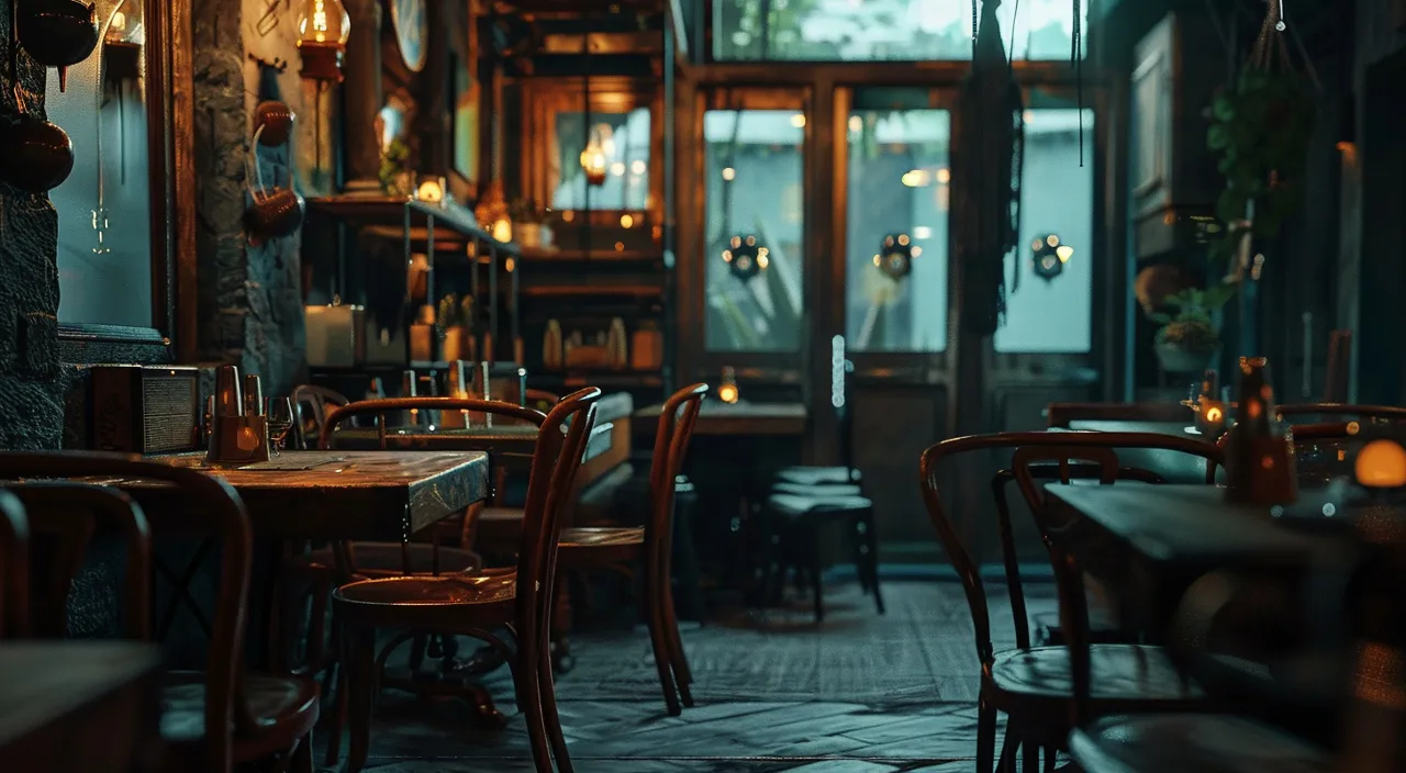 a dimly lit restaurant with tables and chairs