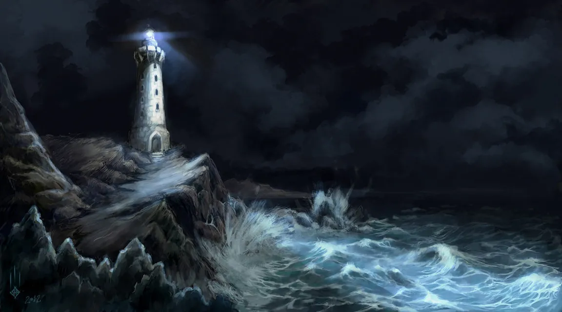 a painting of a lighthouse in the middle of the ocean