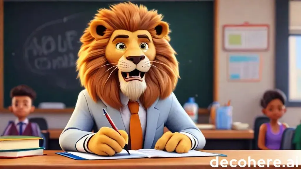 a lion sitting at a desk in front of a blackboard in a classroom talking to the camera and kids behind him