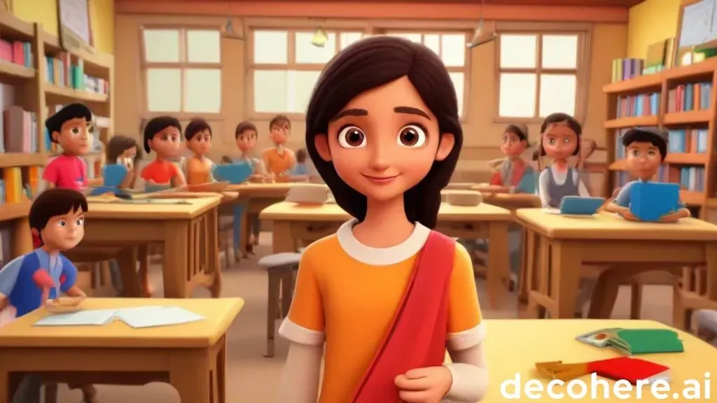 a young girl standing in front of a classroom full of children