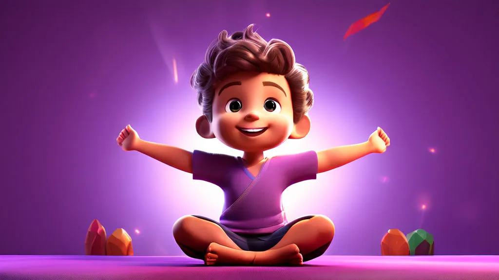 a little girl sitting on the ground in front of a purple background