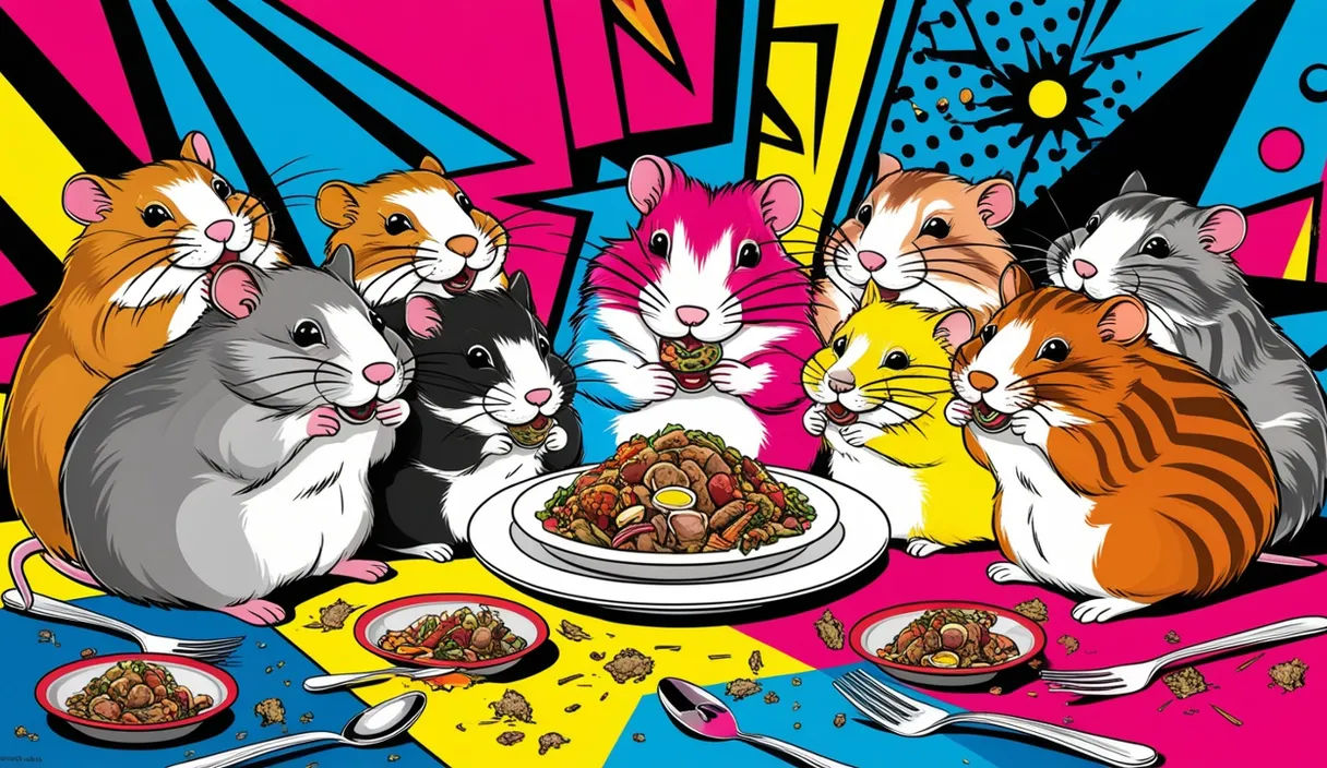 a group of mice sitting around a plate of food