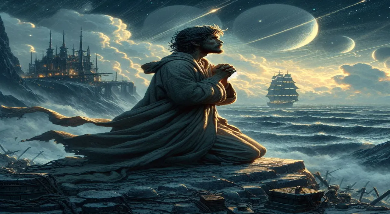 a painting of jesus sitting on a rock looking at a ship in the ocean