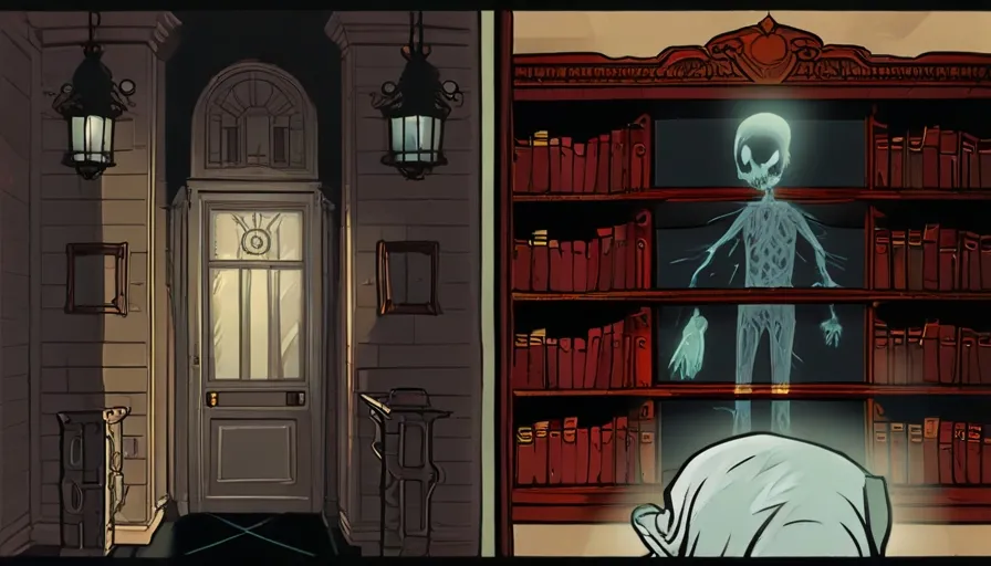 a cartoon of a skeleton standing in front of a bookshelf