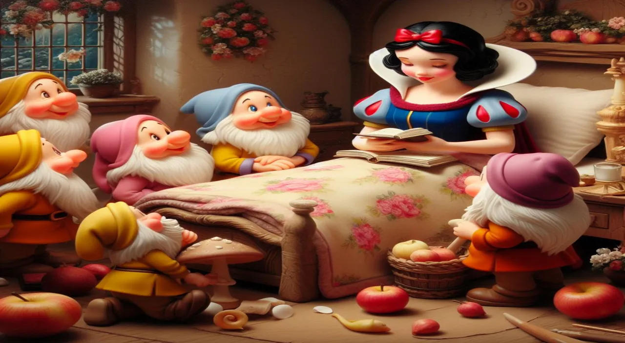 a group of gnomes sitting around a bed in a room