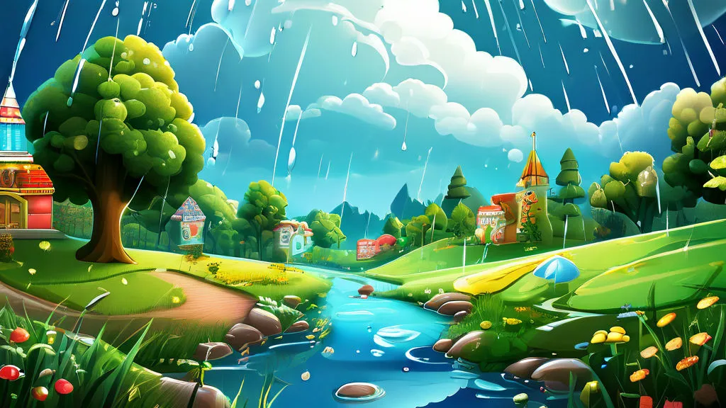 a painting of a rainy landscape with a stream