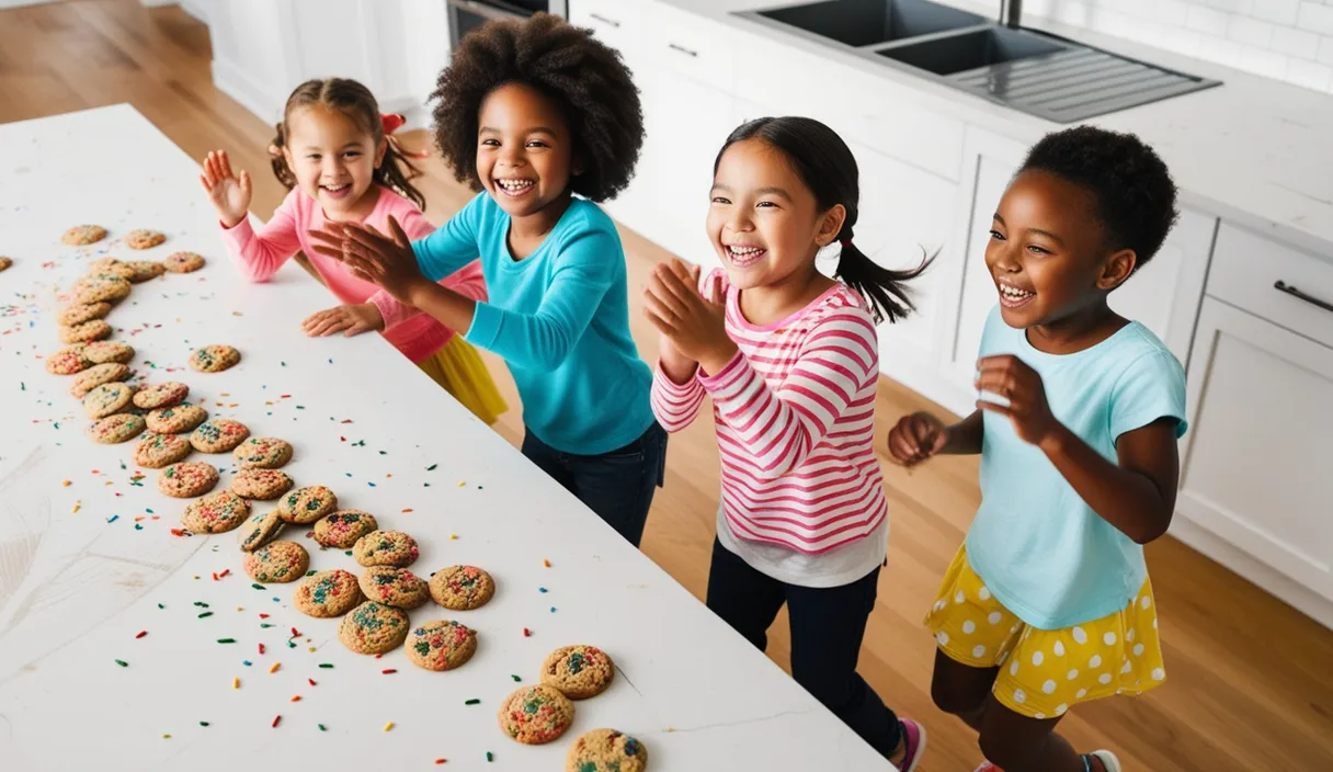 a group of children standing around a table with cookies on it