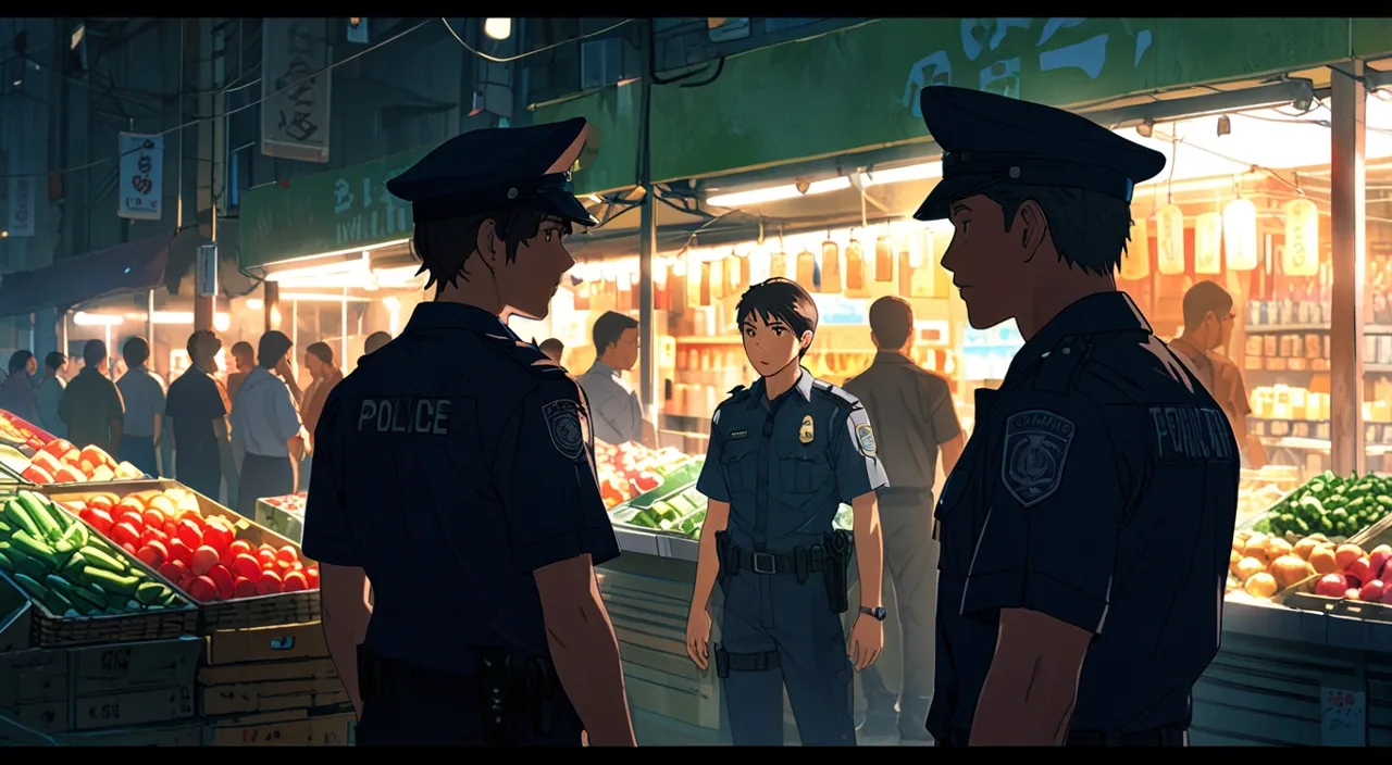 a couple of cops standing next to each other in a market