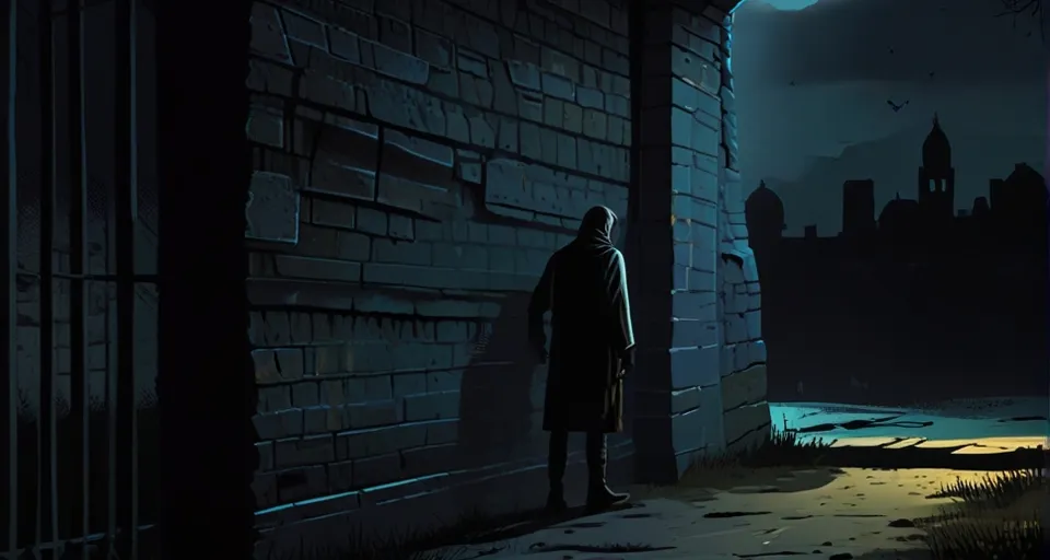 a man standing in front of a brick wall at night