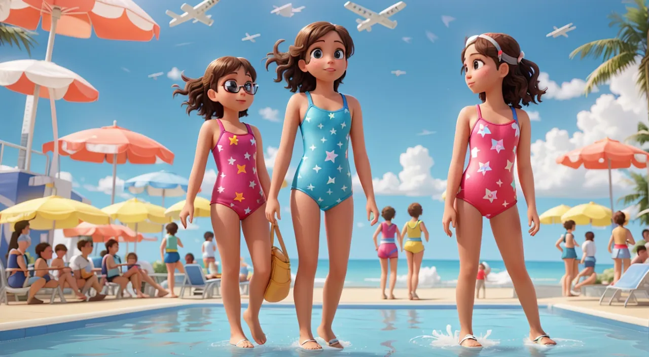 a group of young girls standing next to a swimming pool