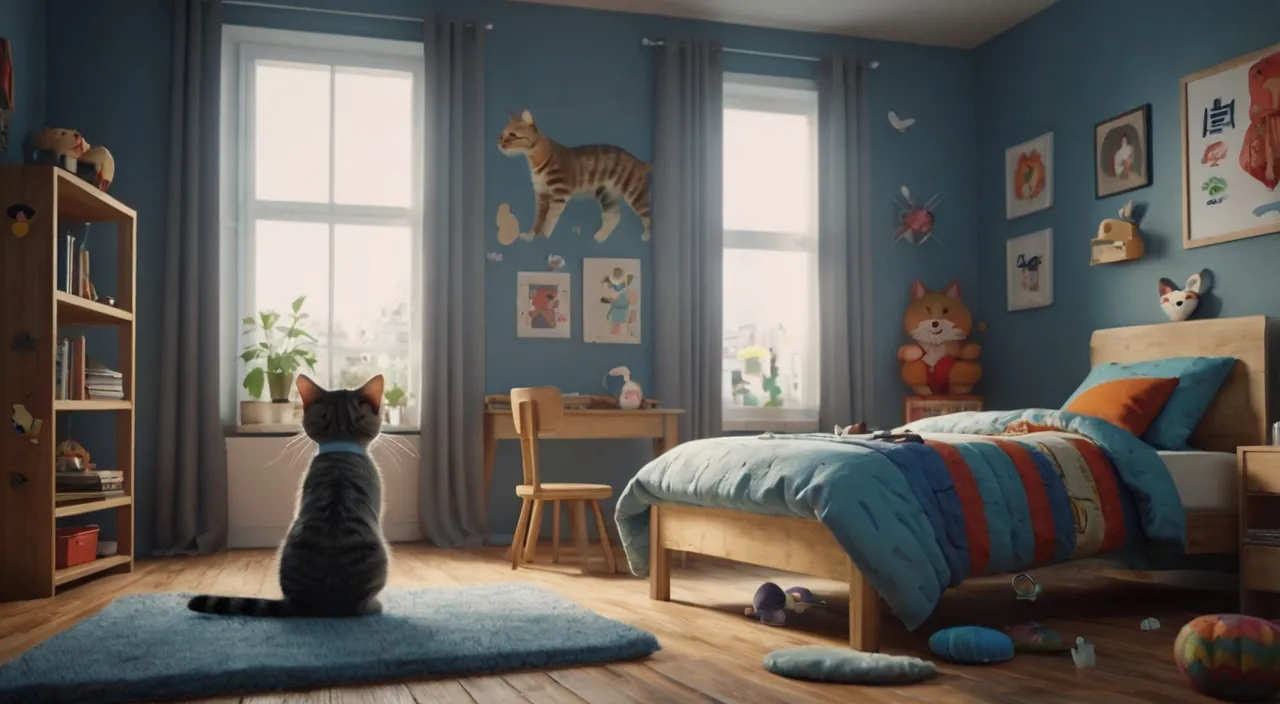 a cat sitting on a rug in a child's bedroom