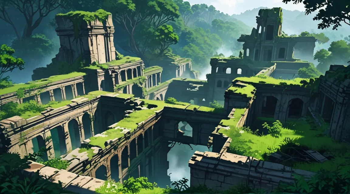 a ruined city in the middle of a forest