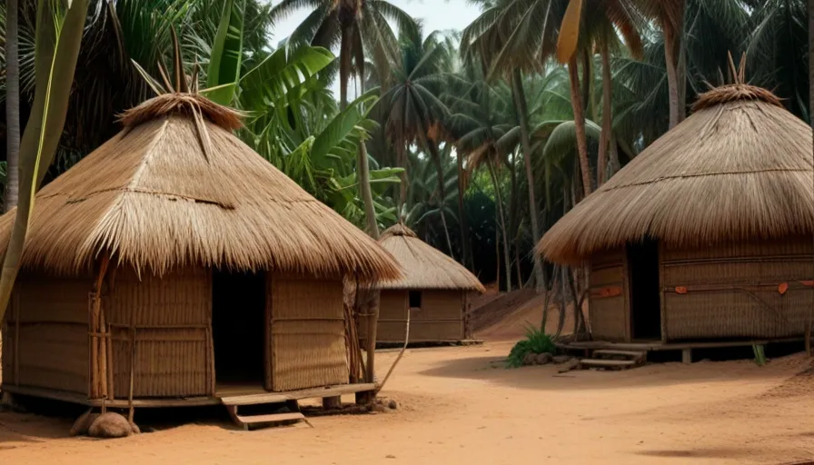 a group of huts sitting on top of a sandy beach