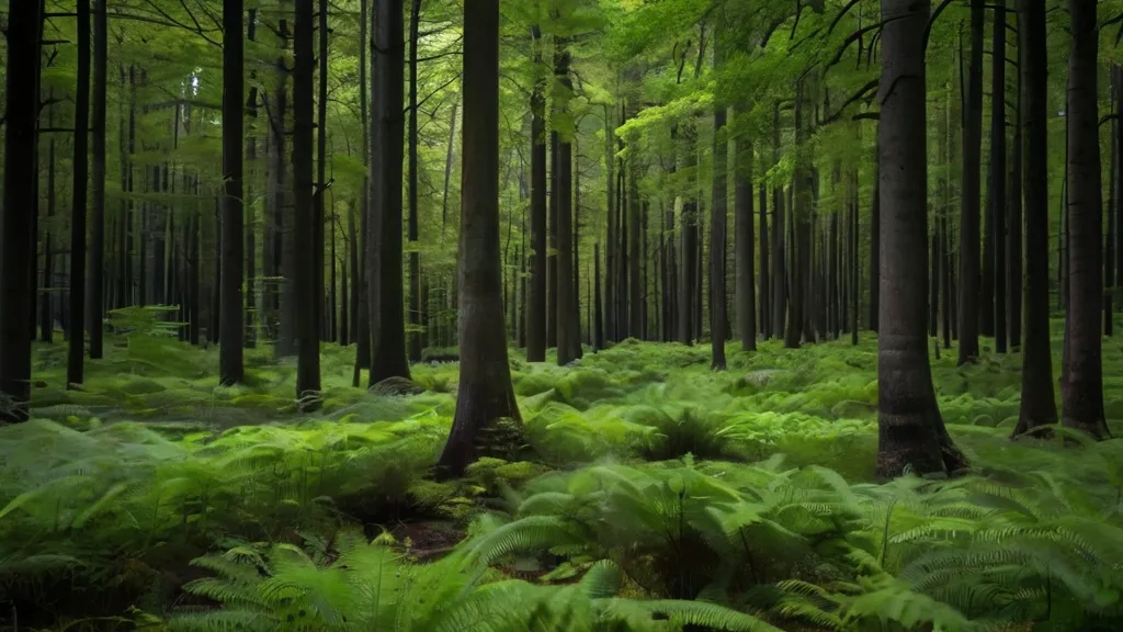 a lush green forest filled with lots of trees