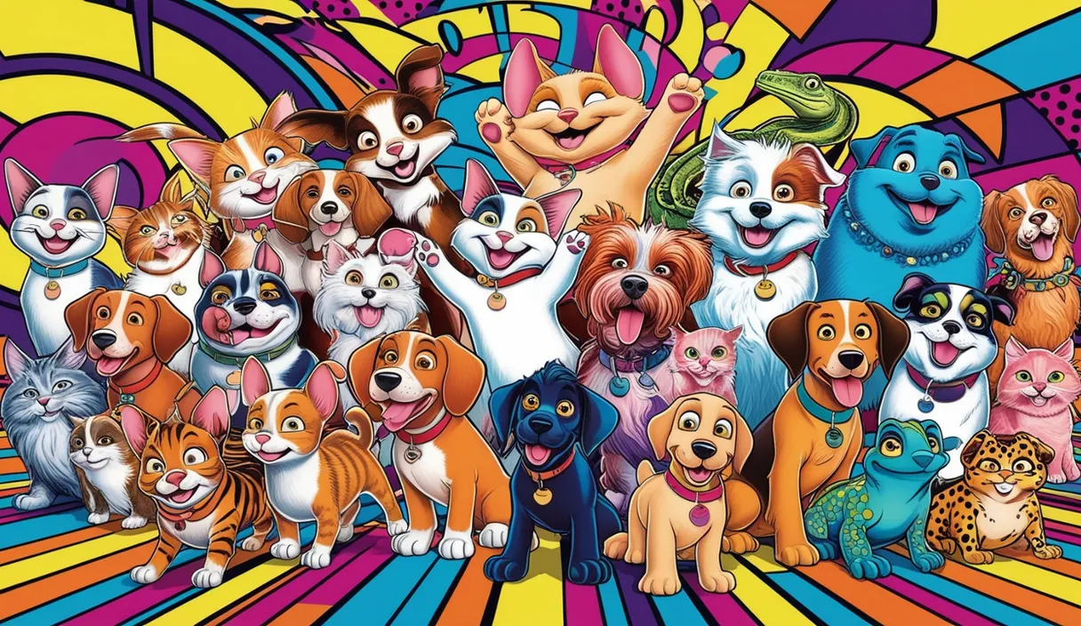 a group of dogs and cats standing in front of a colorful background