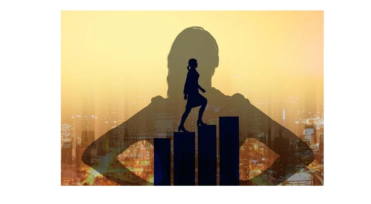 a woman in nature, skyscraper, sky, happy, sunrise, tints and shades, art, horizon, city, backlighting