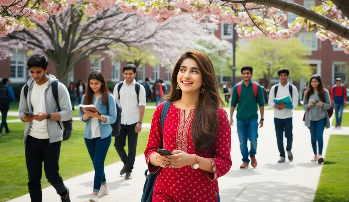 Campus Serenade: On a university campus, a Pakistani girl walking under a blossoming tree, a Bollywood song softly playing from her phone. The 4K wide shot captures students walking by and studying, but her smile and dreamy gaze reveal she is thinking about her boyfriend, who is attending a university in the United States, lost in her own romantic world.