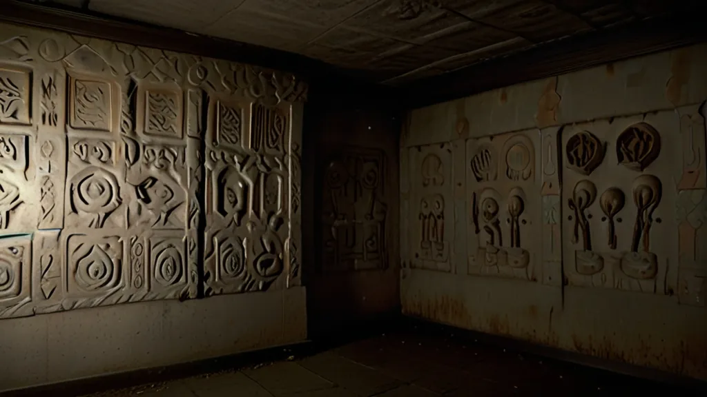 a room with a lot of carvings on the wall