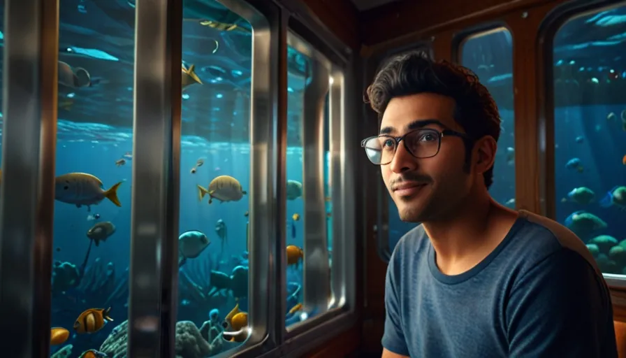 3d cartoons, personality: Ravi and Nisa spotting exotic marine animals underwater through a glass-bottom boat. Their faces should light up with amazement and curiosity as they observe the colorful fish and sea creatures. Unreal engine, hyper real --q 2 --v 5.2 --ar 16:9