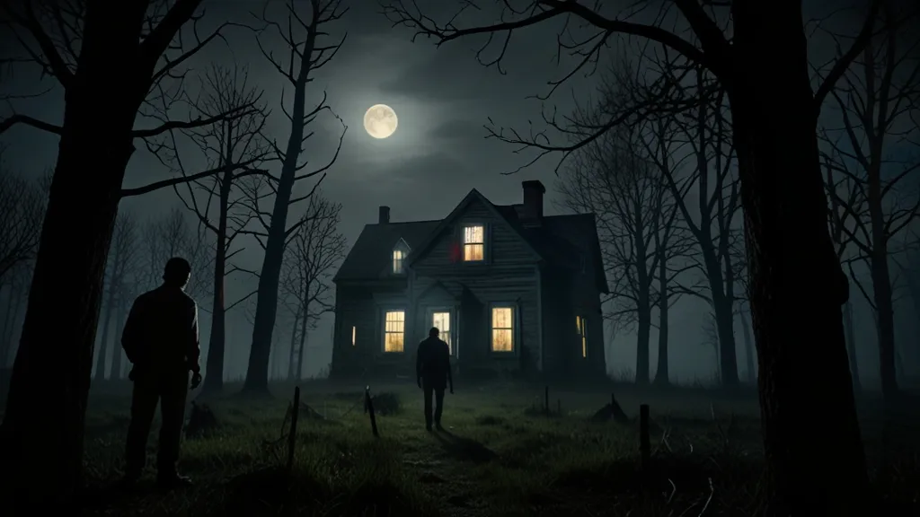 two people standing in front of a house at night