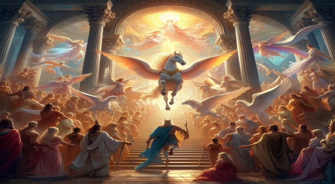 a painting of a man on a horse surrounded by angels