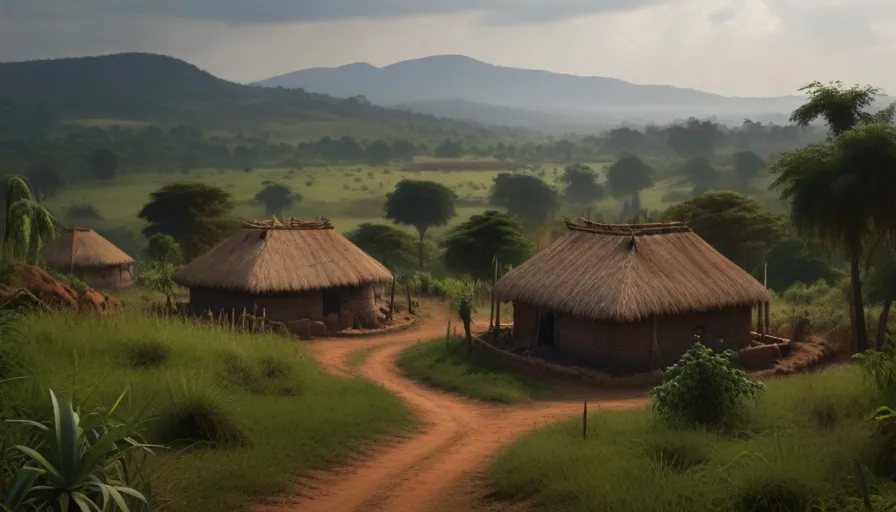 a dirt road in front of a small village