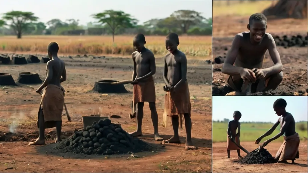 a group of people standing around charcoal pits, 3d animation