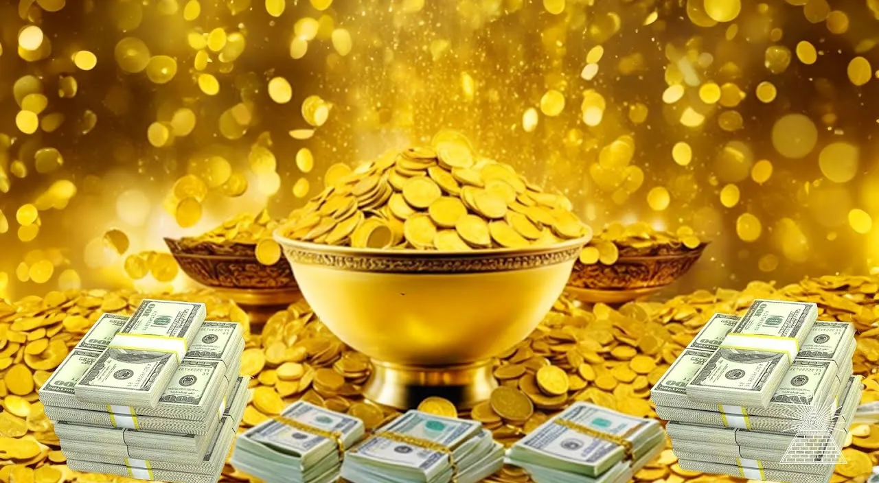 a bowl full of money sitting on top of a pile of gold coins