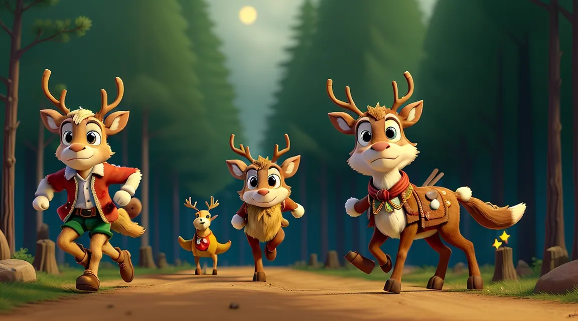 a group of animated animals running across a forest