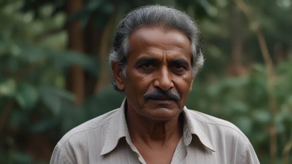 a man with a moustache standing in front of trees