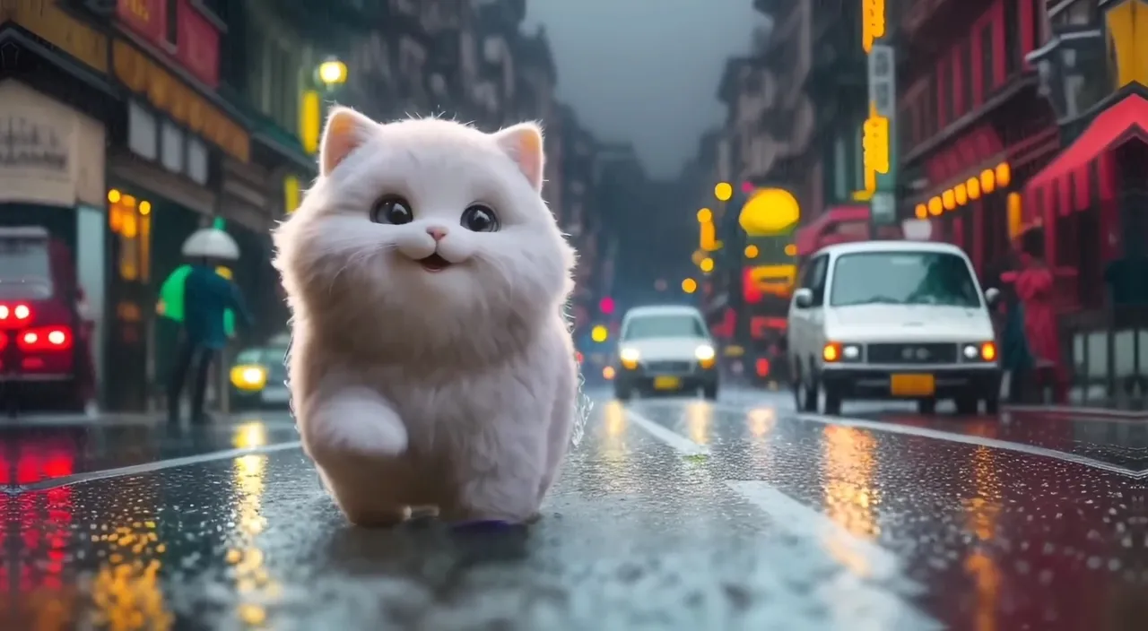 a white cat walking down a street in the rain