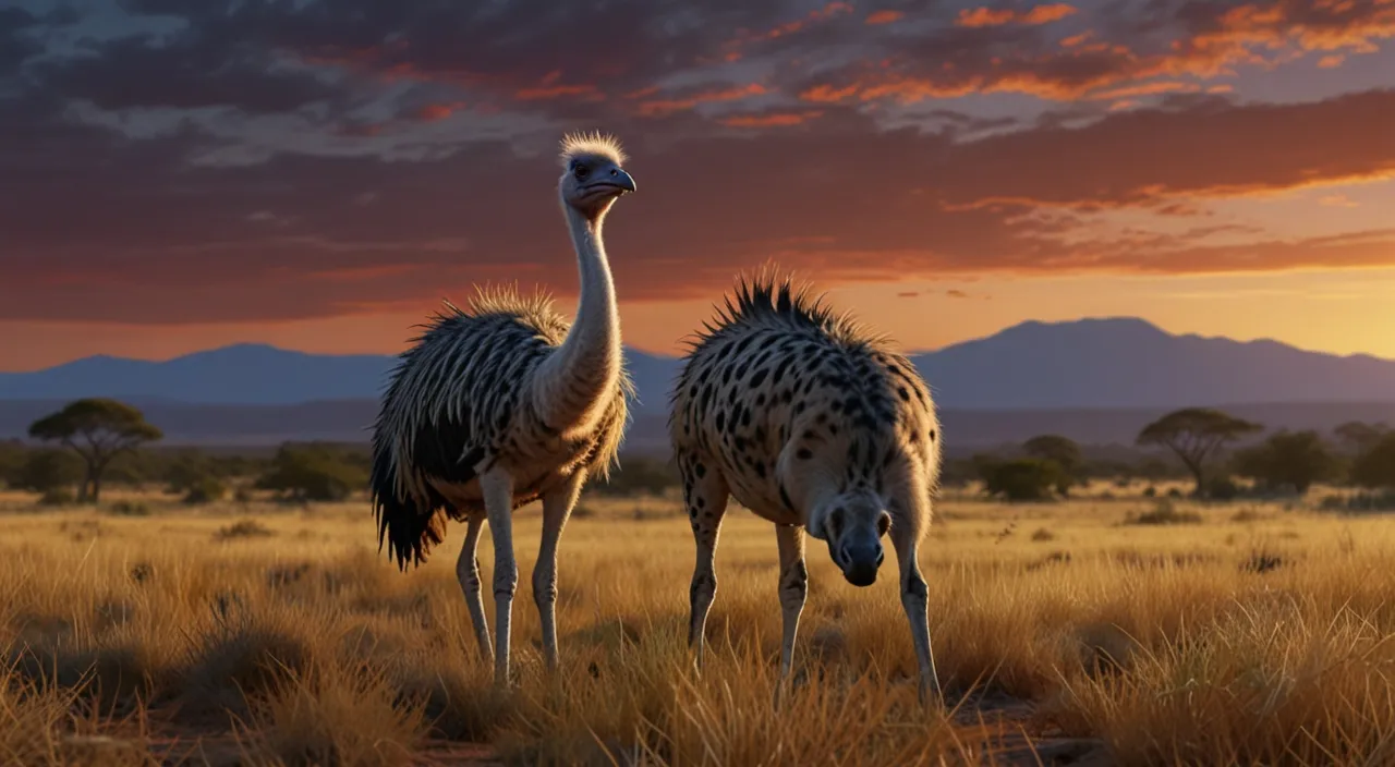 two ostriches standing in a field at sunset