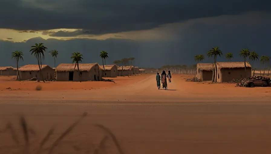 a couple of people walking down a dirt road