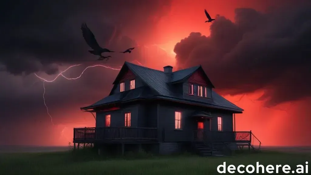 a house with a lightning bolt in the background