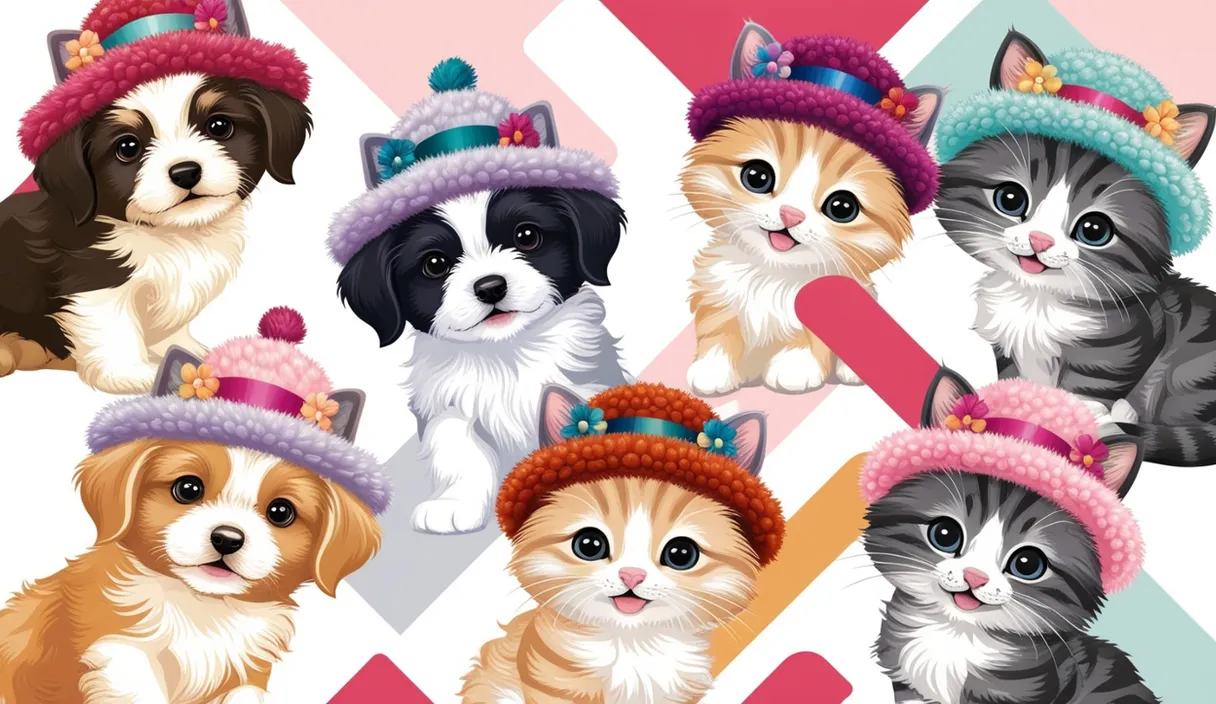 a group of dogs and cats wearing hats