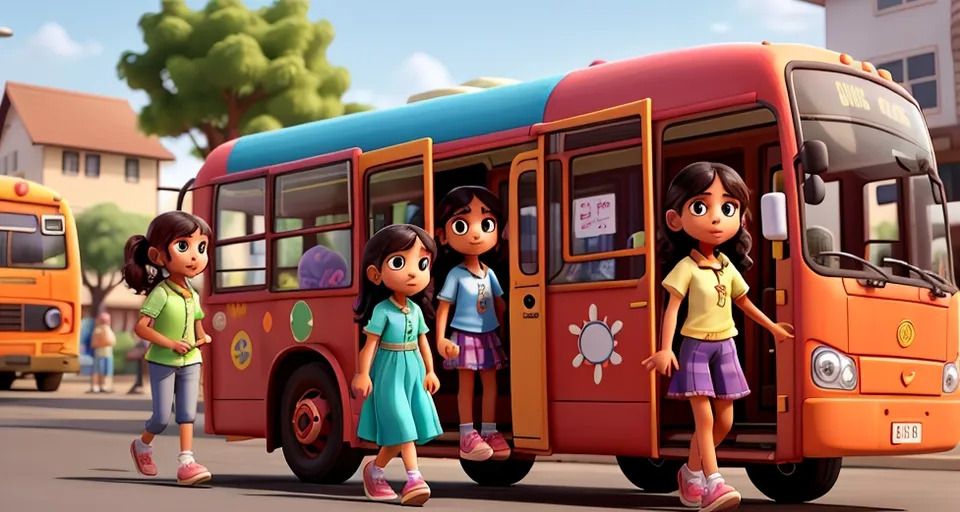 a group of children standing in front of a bus, walking, smiling, moving heads, beautiful place, nice looking all.