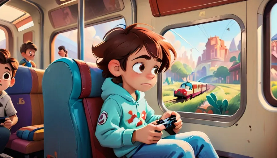 a boy sitting on a train with a video game controller in his hand