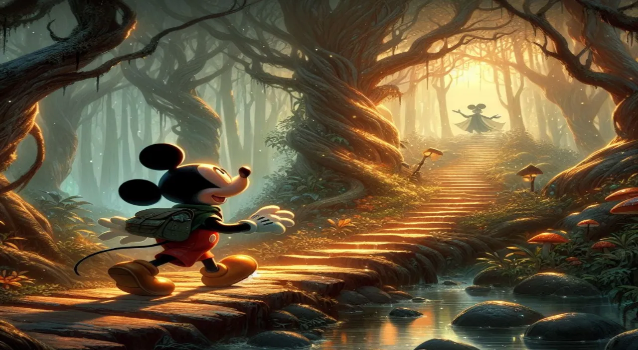 a cartoon mickey mouse running through a forest