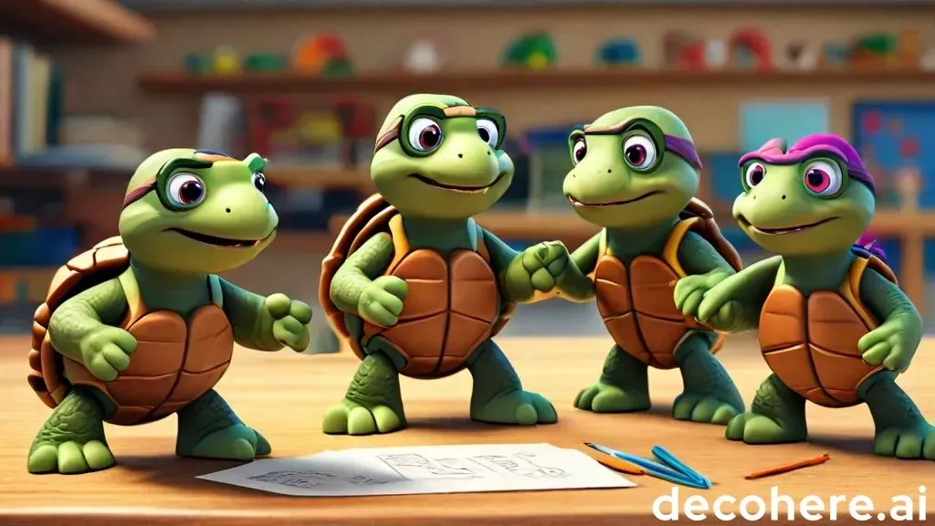 a group of animated turtles standing on top of a wooden table