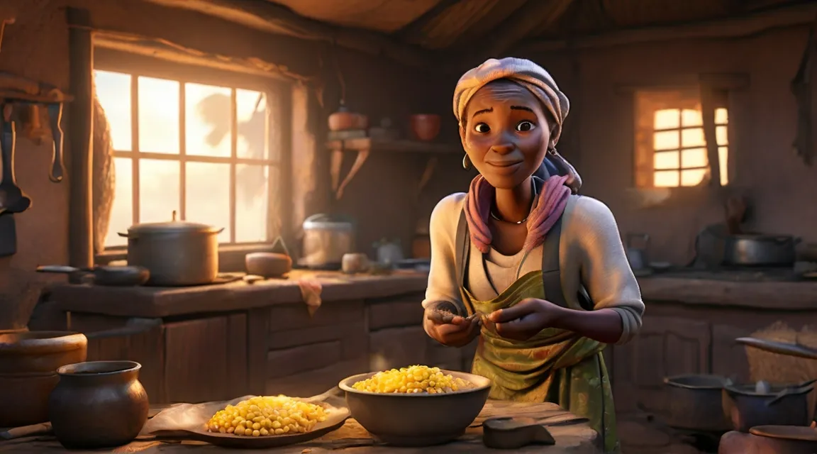 a woman standing in a kitchen next to a bowl of corn, 3d animation| no deformity