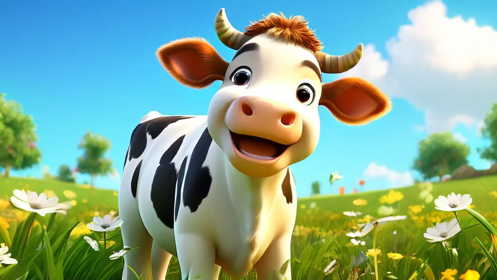 a cartoon cow standing with her calf in a field of flowers