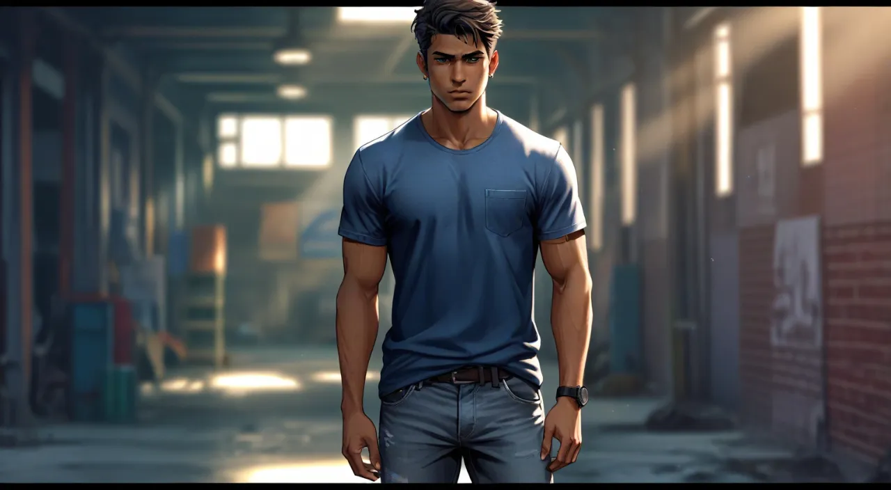 a man in a blue shirt standing in a hallway