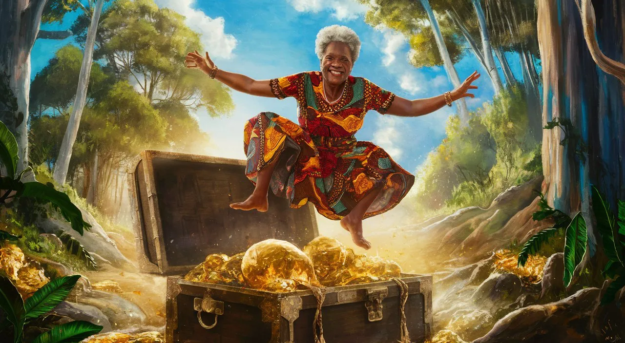 a painting of a woman in a colorful dress jumping out of a trunk