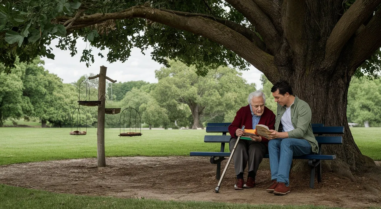 An elderly person with a walking stick shares wisdom through a book with a man on a park bench under a large tree.  In the park scene there is a bird feeder